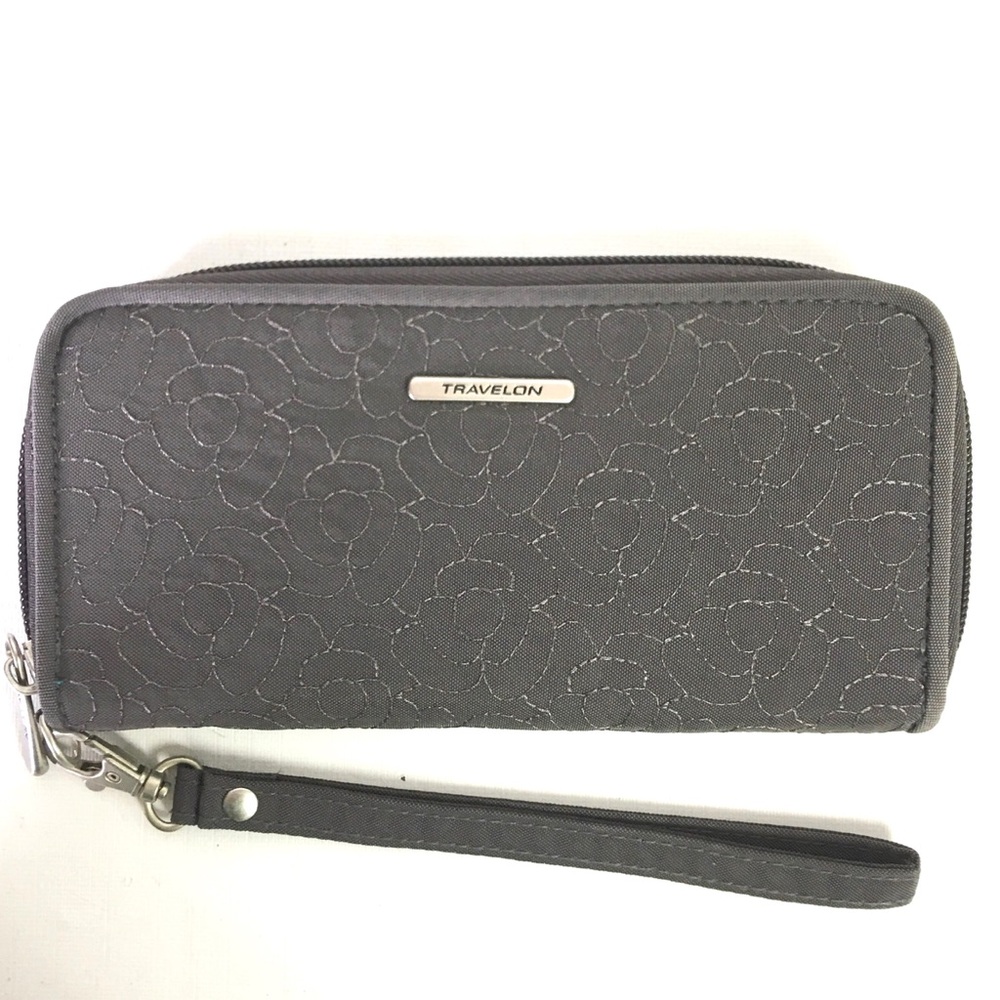 Travelon Zip Around Wristlet RFID Wallet Travel Taupe Gray Floral Quilted NWOT